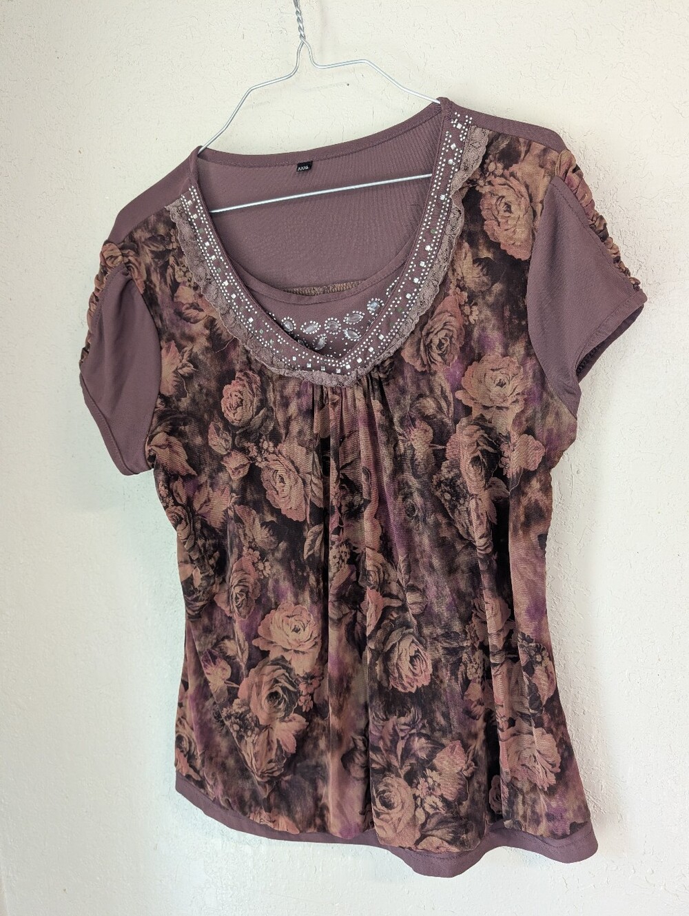 Y2K Floral Mesh Top M Mauve Floral Rhinestone Semi sheer Festival Renaissance